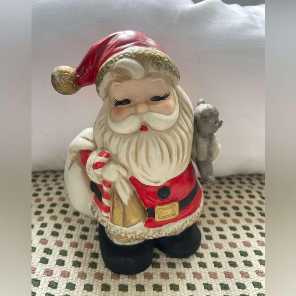 Vintage MCM Ceramic Santa W/teddy Bear Bank 6.5”